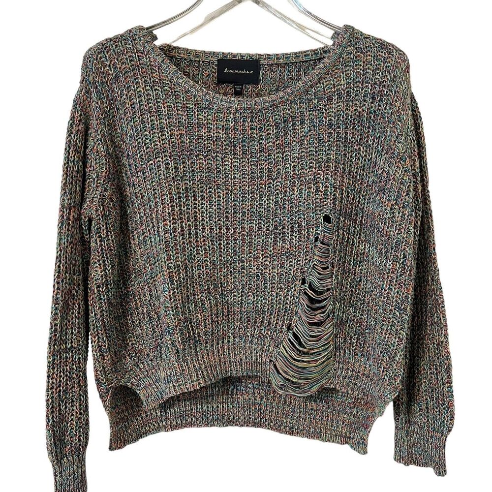 🌵 Lovemarks Women's Variegated Rainbow Distressed Pullover Sweater - Medium